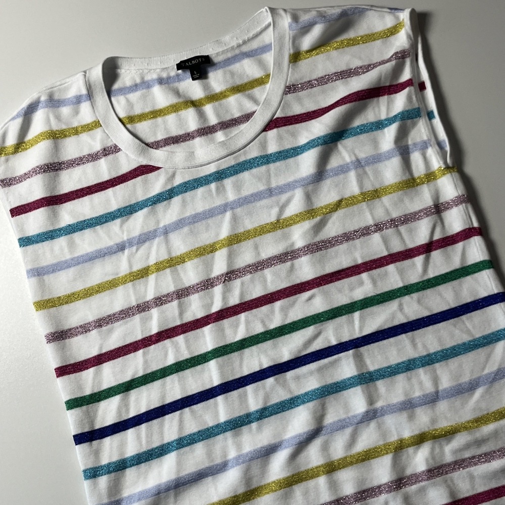 Talbots Cap Sleeve Sweater Size L Multicolor Metallic Stripe Preppy Knit Top